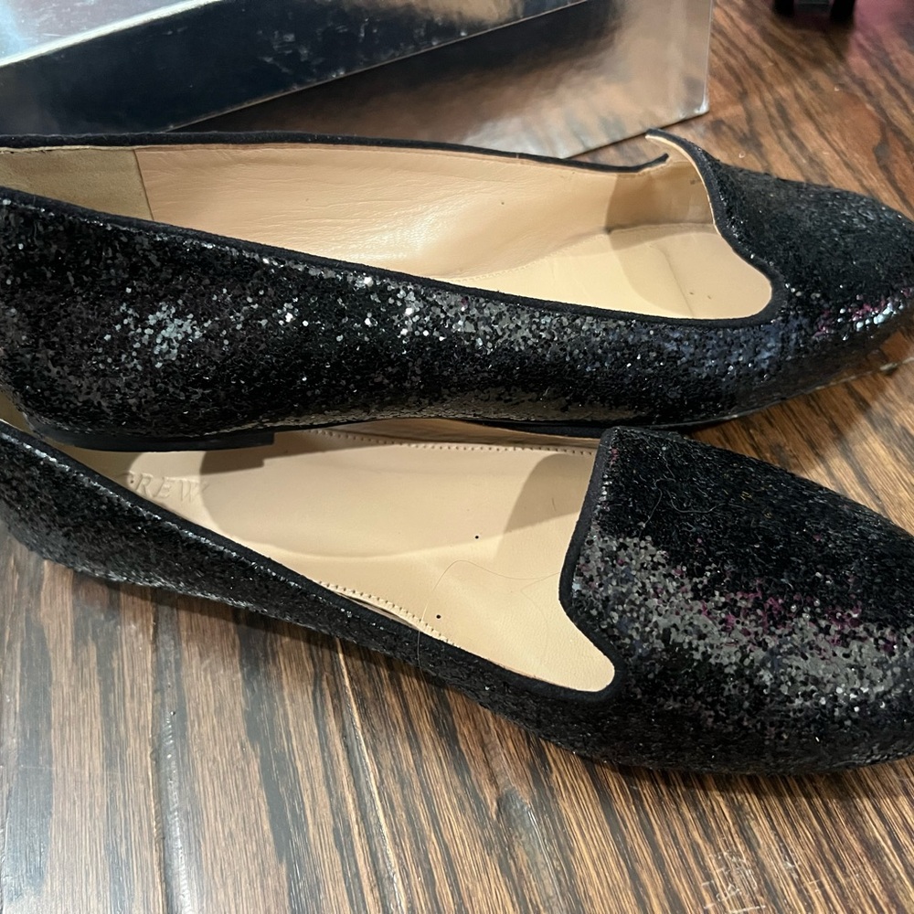 J.Crew Black Glitter Loafer Flats Size 11 Matte Sparkle Smoking Slipper - Picture 2 of 5